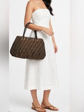 Fendi Brown Zucca Pattern Shoulder Bag with Logo Plaque